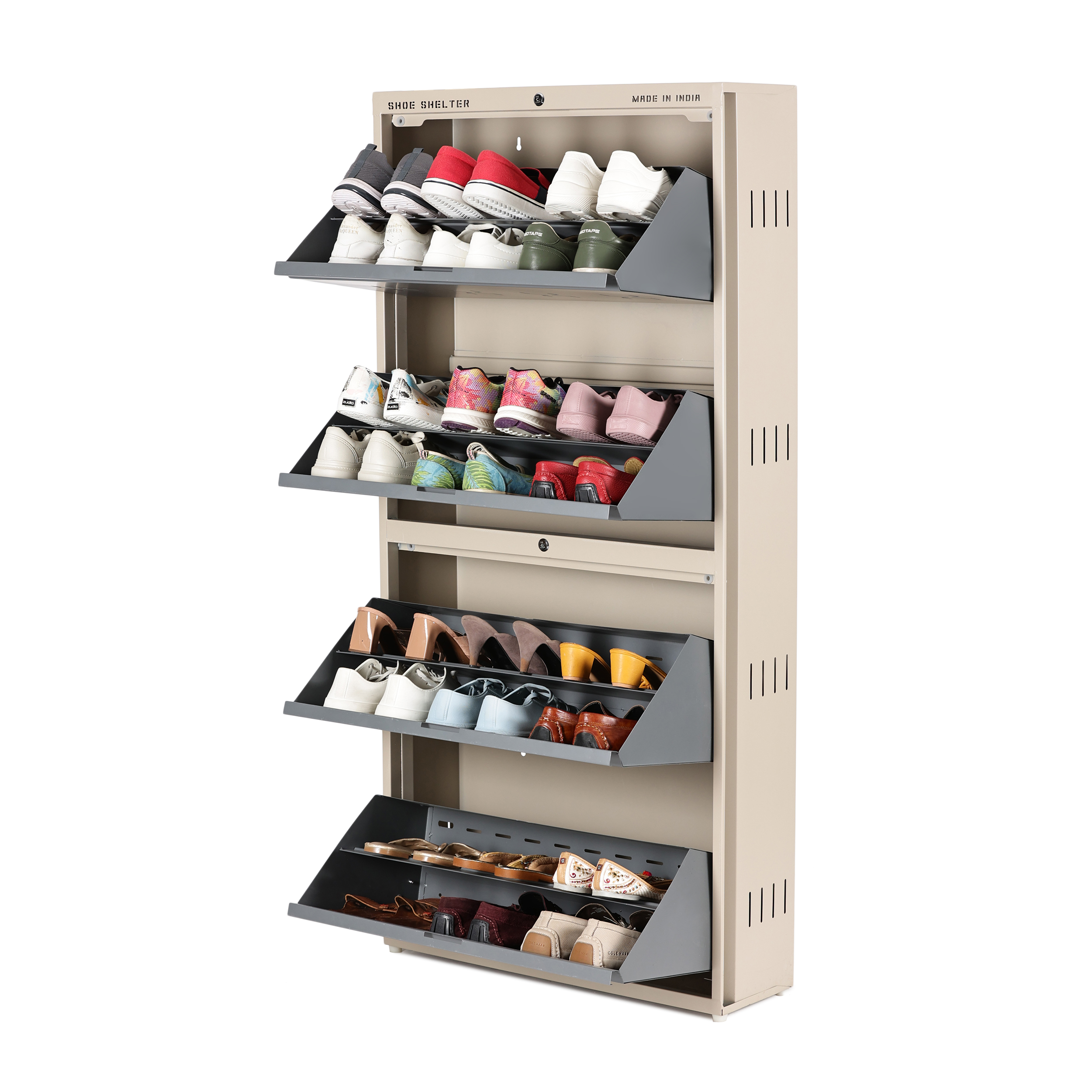 Double Decker 4 Door Metal Shoe Rack (Wall Mounted) – 24 pair Grey Beige , Brown Beige, Full Brown